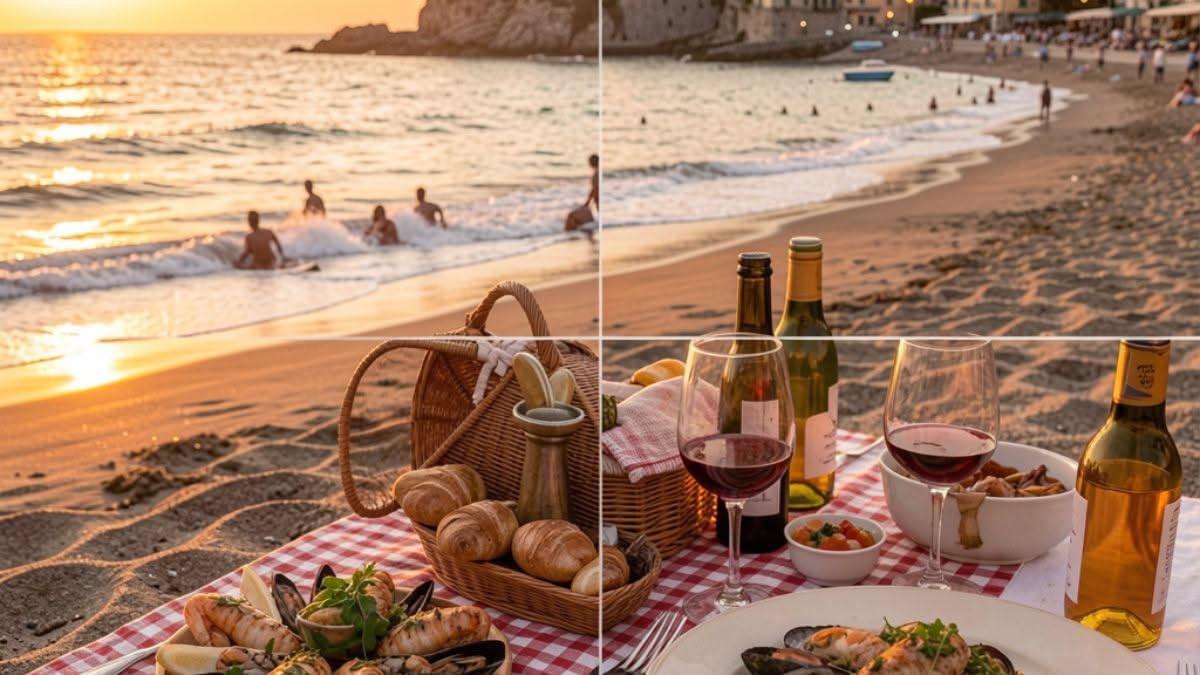 Persona stanca seduta sulla spiaggia al tramonto, con gli occhi socchiusi dopo una lunga giornata di sole, mare e attività fisiche