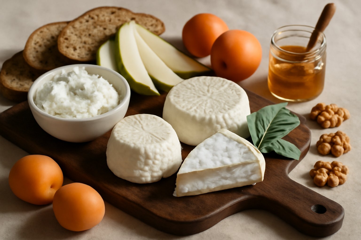 Formaggi freschi bianchi disposti su un tagliere di legno con pane toscano, fette di pera, albicocche fresche e miele in un piccolo contenitore, su superficie rustica con luce naturale laterale.