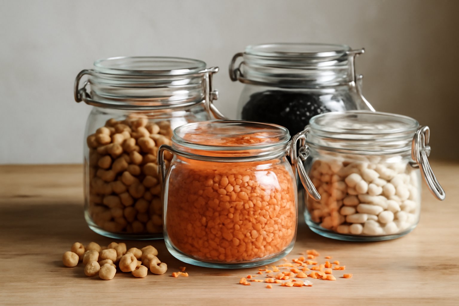 Diversi tipi di legumi secchi (ceci, lenticchie rosse, fagioli neri, fagioli cannellini) disposti in barattoli di vetro trasparente con chiusura ermetica, su fondo neutro in legno. Luce naturale later