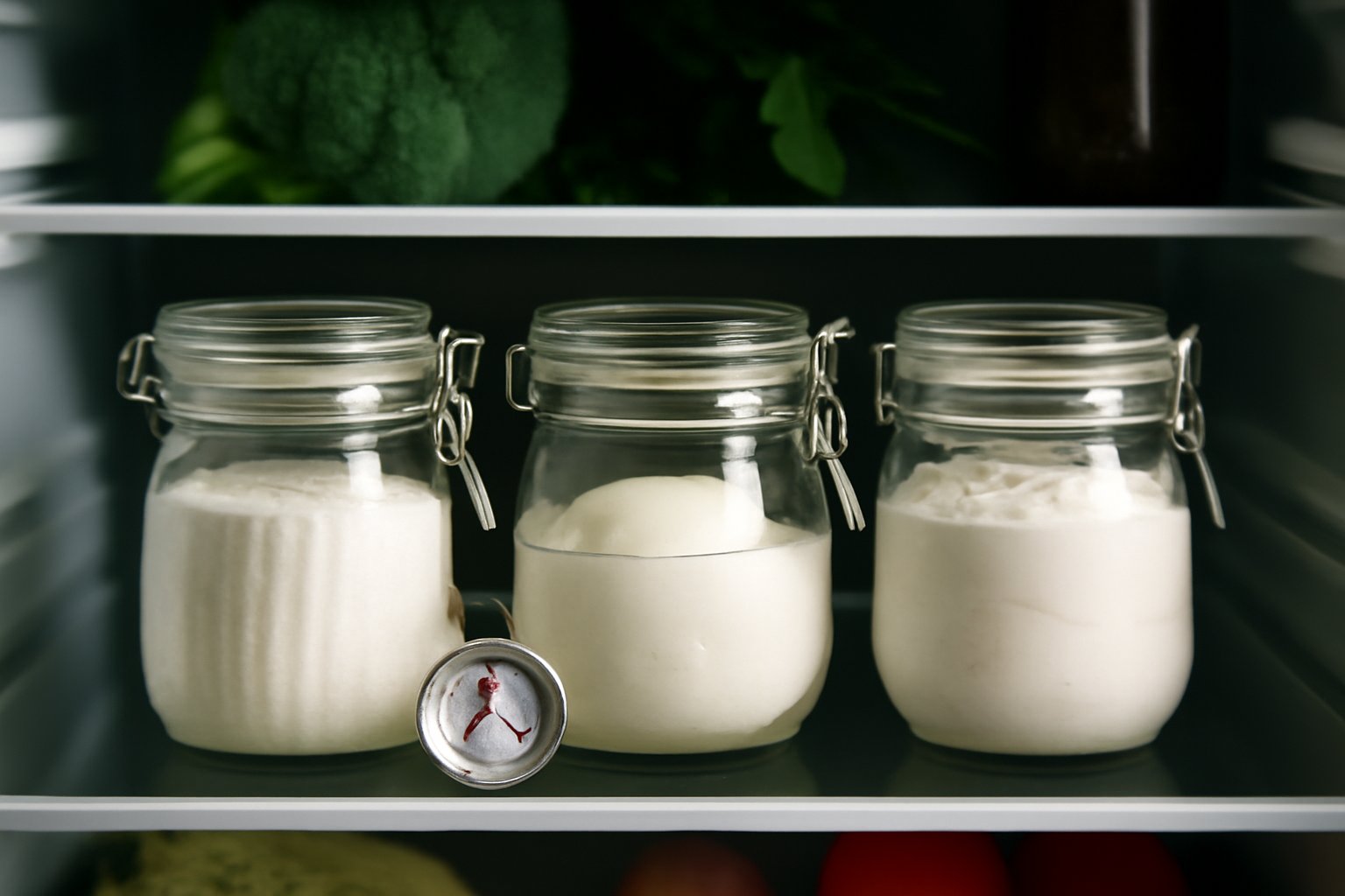 Formaggio fresco bianco cremoso porzionato in ciotole di vetro coperte, posizionato sul ripiano centrale di un frigorifero con termometro visibile, sfondo di altri alimenti ben organizzati.
