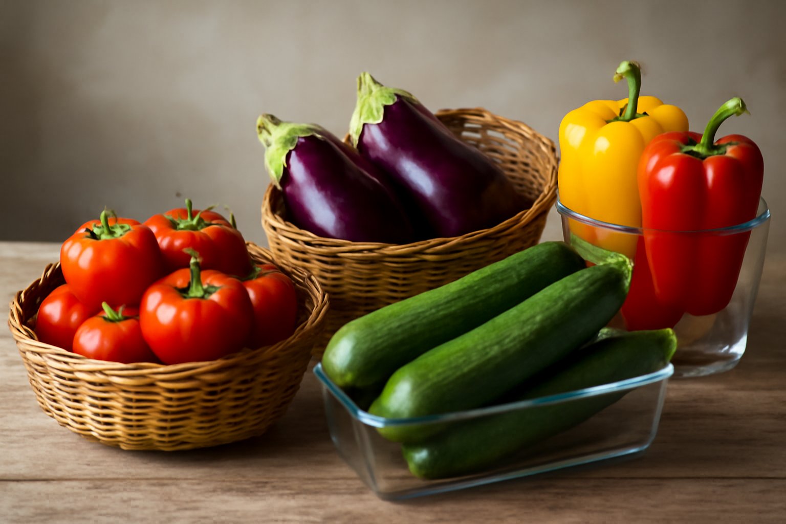 Verdure fresche di agosto disposte ordinatamente in cesti di vimini e contenitori di vetro trasparente: pomodori rossi, zucchine verdi, melanzane viola, peperoni gialli e rossi su superficie di legno