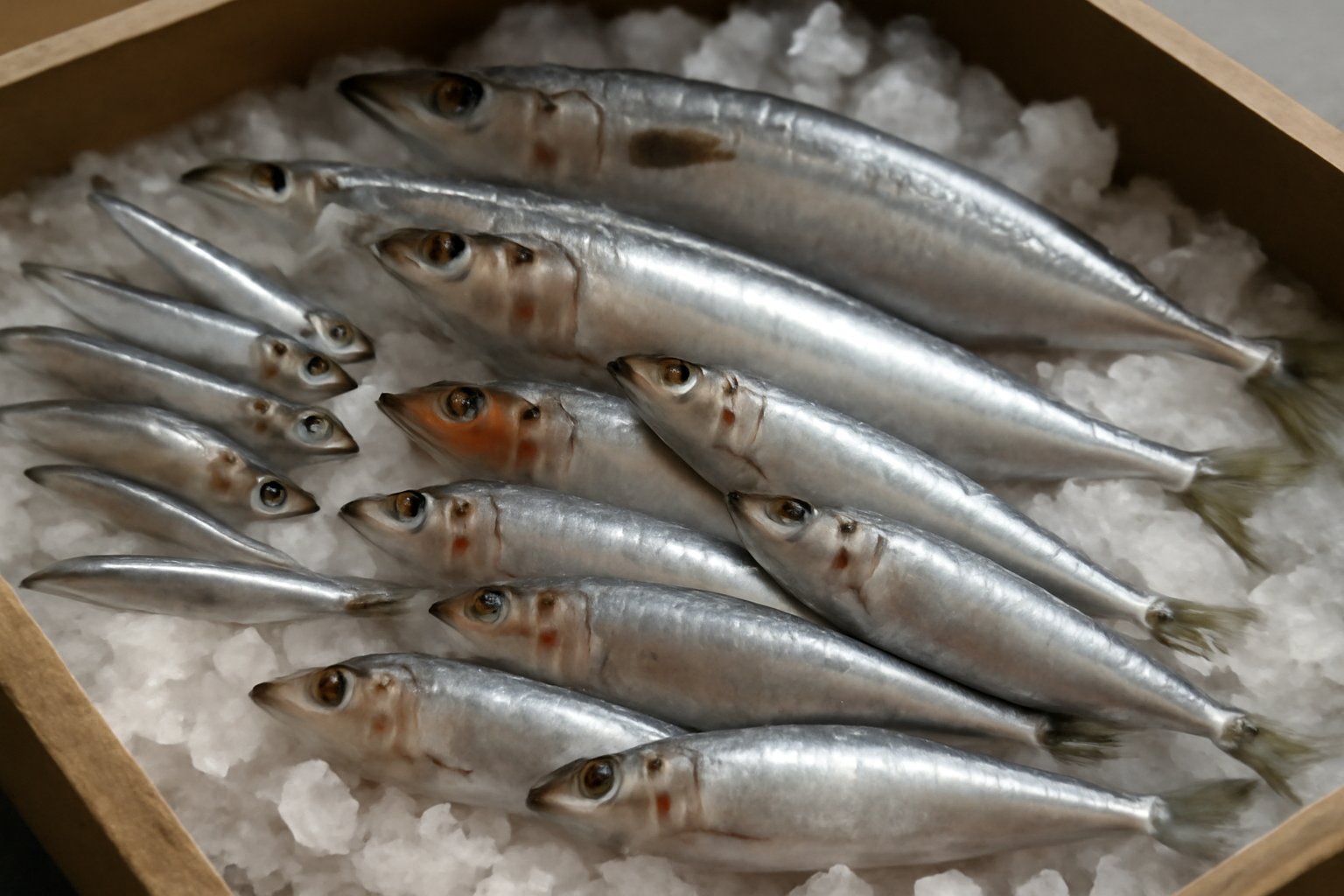Pesce azzurro fresco disposto su ghiaccio tritato in cassa di vendita, con sardine, acciughe e sgombri in primo piano, colori argentei brillanti, mercato del pesce in mattinata
