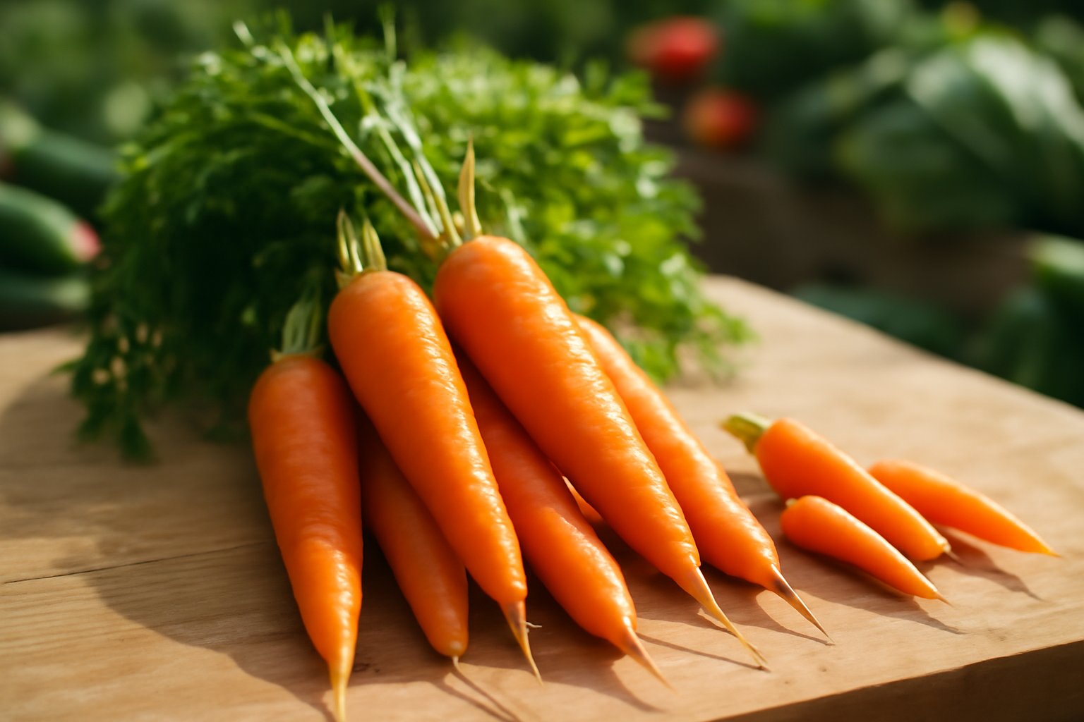 Mazzo di carote arancioni appena raccolte con foglie verdi intatte, adagiate su superficie di legno chiaro con gocce d'acqua. Luce naturale che evidenzia le venature. Contesto di mercato agricolo.