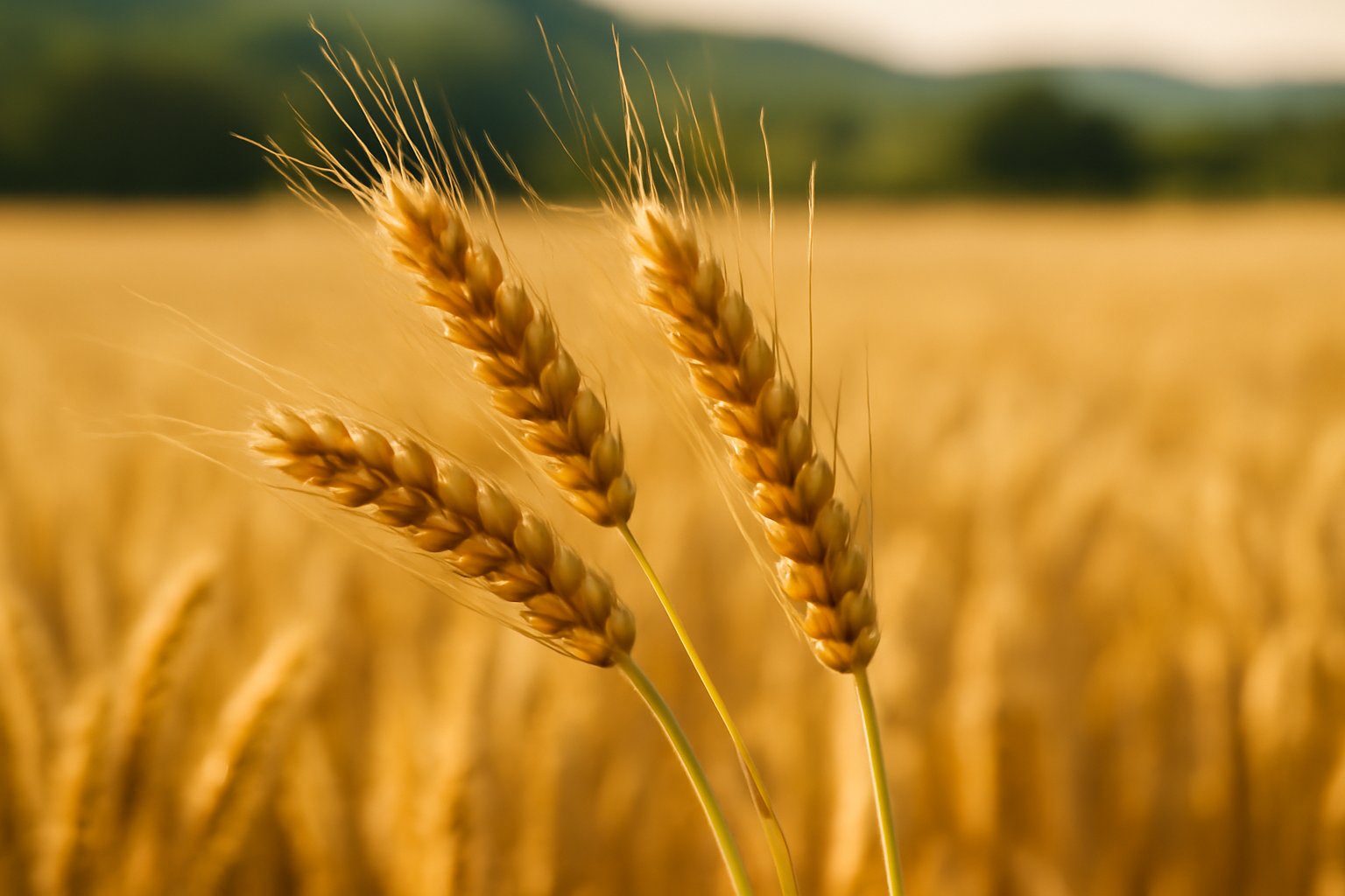 Spighe di grano duro color oro maturo in un campo al tramonto, sfuocate sullo sfondo collina toscana, primi piani di chicchi rosso-dorati, luce naturale cálida pomeridiana.