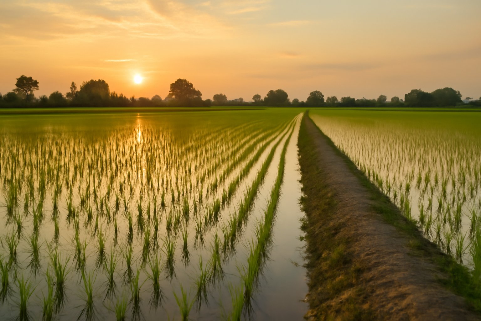 Risaia della Pianura Padana al tramonto con ristagni d'acqua che riflettono il cielo, file di piantine di riso verdi e basse, argini in primo piano, paesaggio agricolo esteso e pianeggiante