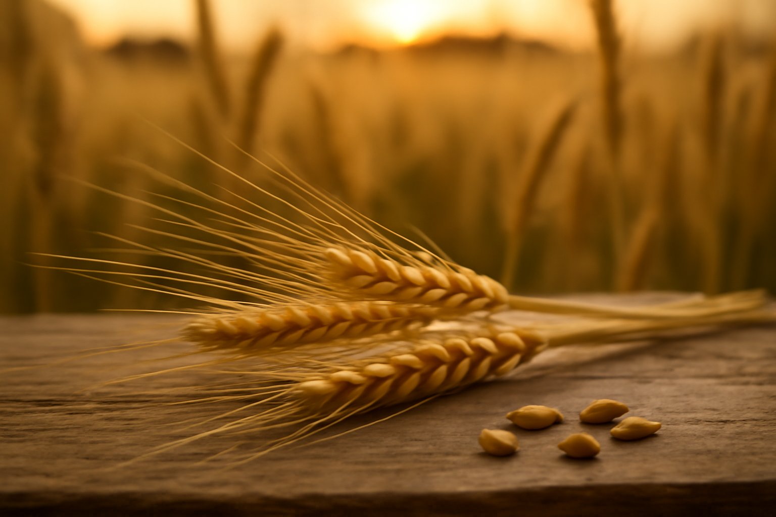 Spighe di orzo mature dorate contro lo sfondo di un campo estivo, con chicchi dorati in primo piano su una superficie di legno naturale.