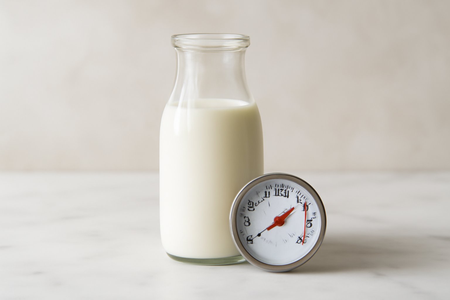 Bottiglie di vetro con latte fresco e naturale su un piano di lavoro in cucina, una con un cucchiaio di legno accanto, sfondo sfumato chiaro, luce naturale mattutina.