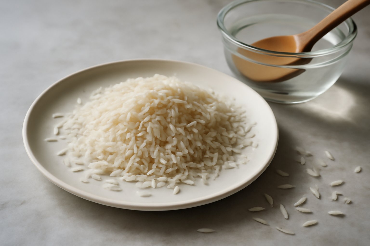 Riso bianco a grani lunghi in una pentola trasparente con acqua bollente, vapore che sale, grani parzialmente cotti e ancora al dente su superficie bianca illuminata da luce naturale