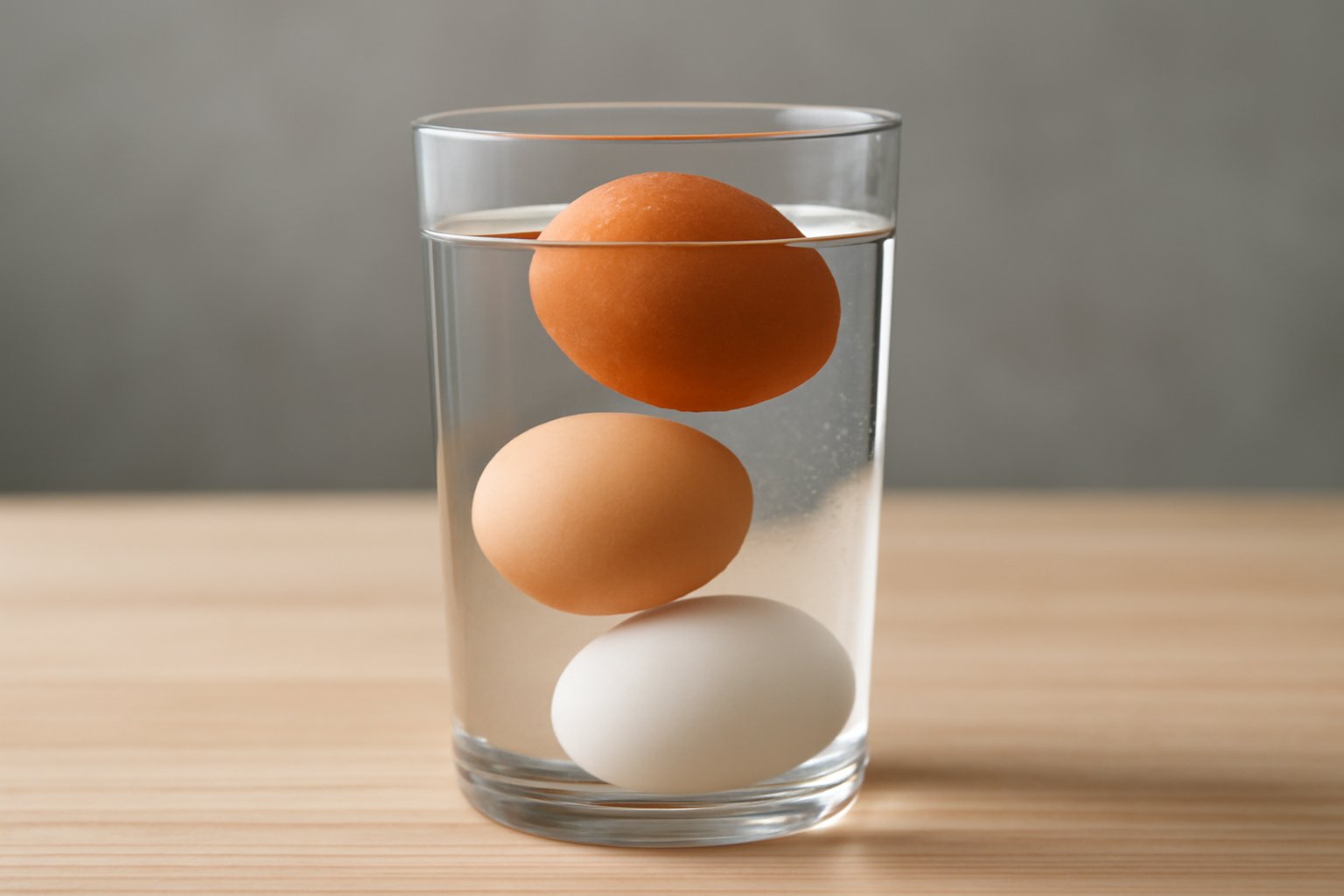 Tre uova bianche e marroni parzialmente immerse in un bicchiere di acqua trasparente, una affonda completamente sul fondo, una rimane sospesa nel mezzo, una galleggia in superficie. Sfondo neutro grig