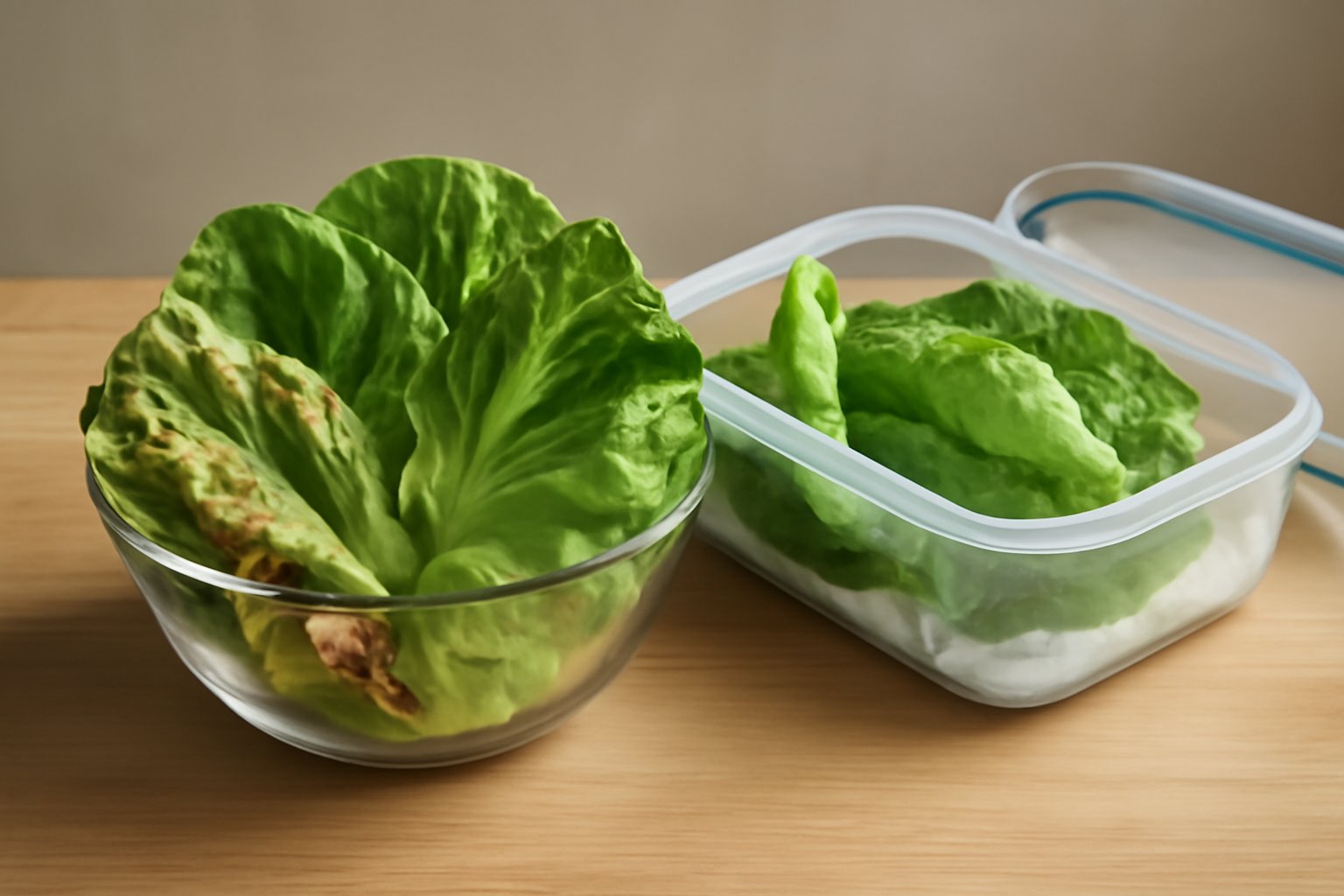 Foglie di insalata verde croccante in ciotola di vetro trasparente su tavolo di legno bianco, accanto a gocce d'acqua e foglie umide. Luce naturale laterale che evidenzia la freschezza delle foglie.