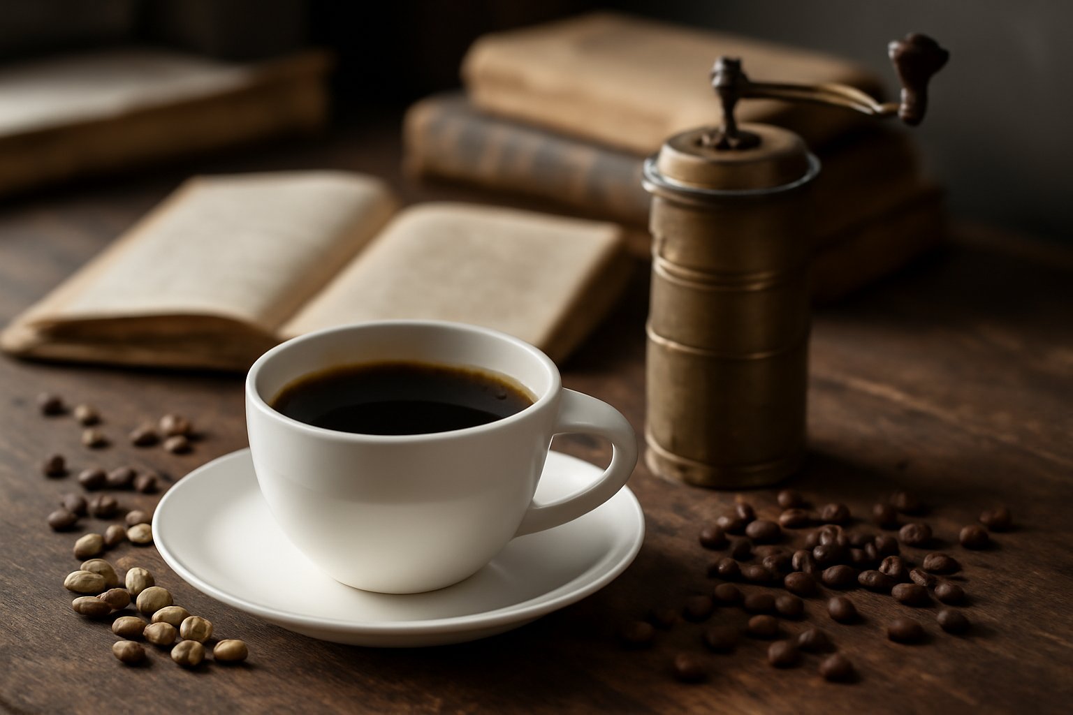 Tazza bianca di porcellana con caffè scuro, chicchi di caffè crudo sparsi su superficie di legno scuro, mucchio di caffè tostato, luce naturale da finestra, composizione minimalista su tavolo rustico