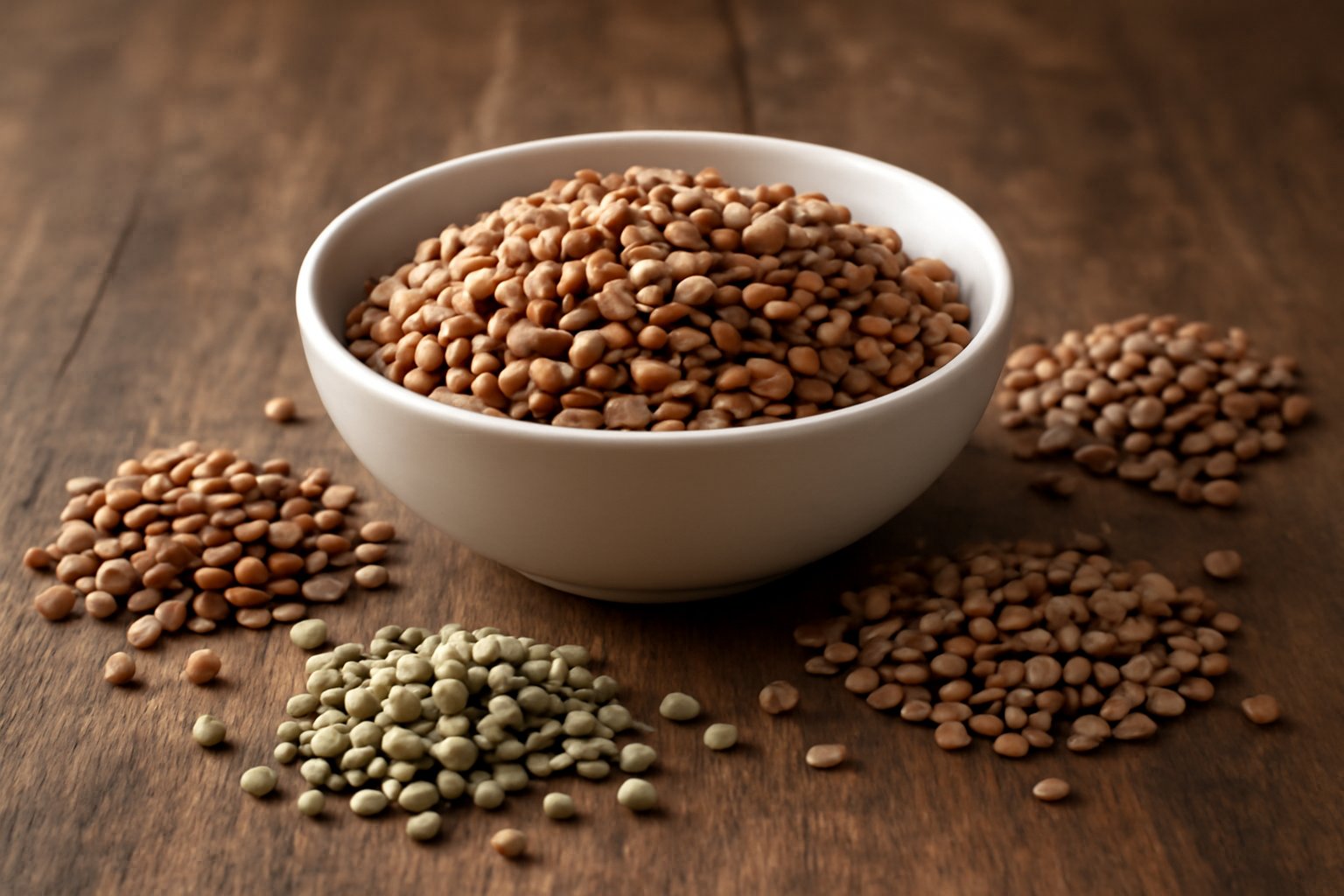 Ciotola di ceramica bianca contenente lenticchie marroni e rosse, parzialmente sovrapposte, su superficie di legno naturale con luce naturale da sinistra che crea ombre morbide