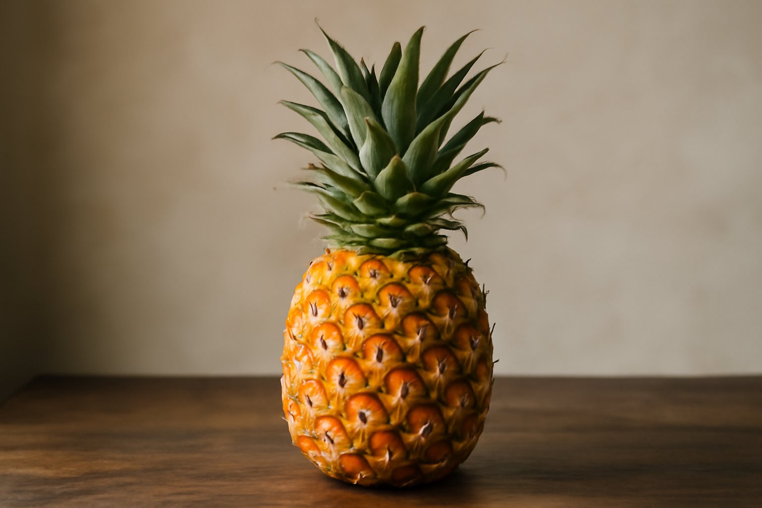 Ananas maturo con corona di foglie verdi intensa, buccia giallo-arancio, ripreso da sopra su superficie in legno scuro. Luce naturale laterale. Nessuna persona, nessun testo.