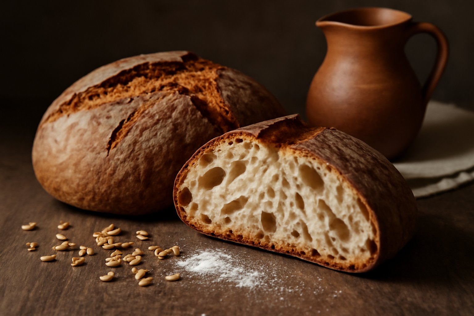 Pane tondo dal crosta scura e crepe naturali, spezzato in due per mostrare l'interno alveolato e spugnoso, su tavolo di legno grezzo con chicchi di grano e farina bianca sparsi