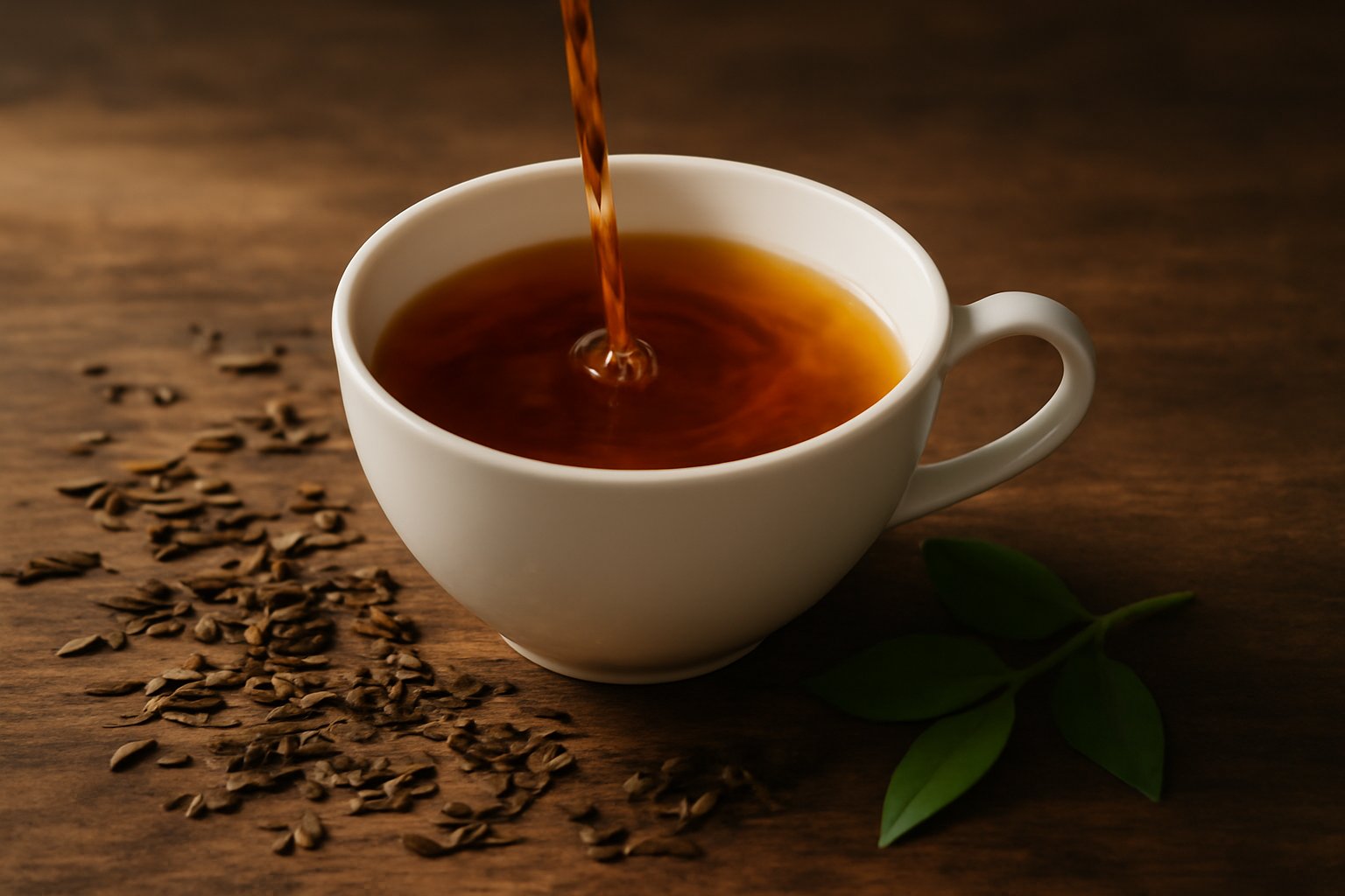 Tazza di porcellana bianca con tè caldo fumante, foglie di tè secche sparse accanto, in uno sfondo neutro con luce naturale laterale