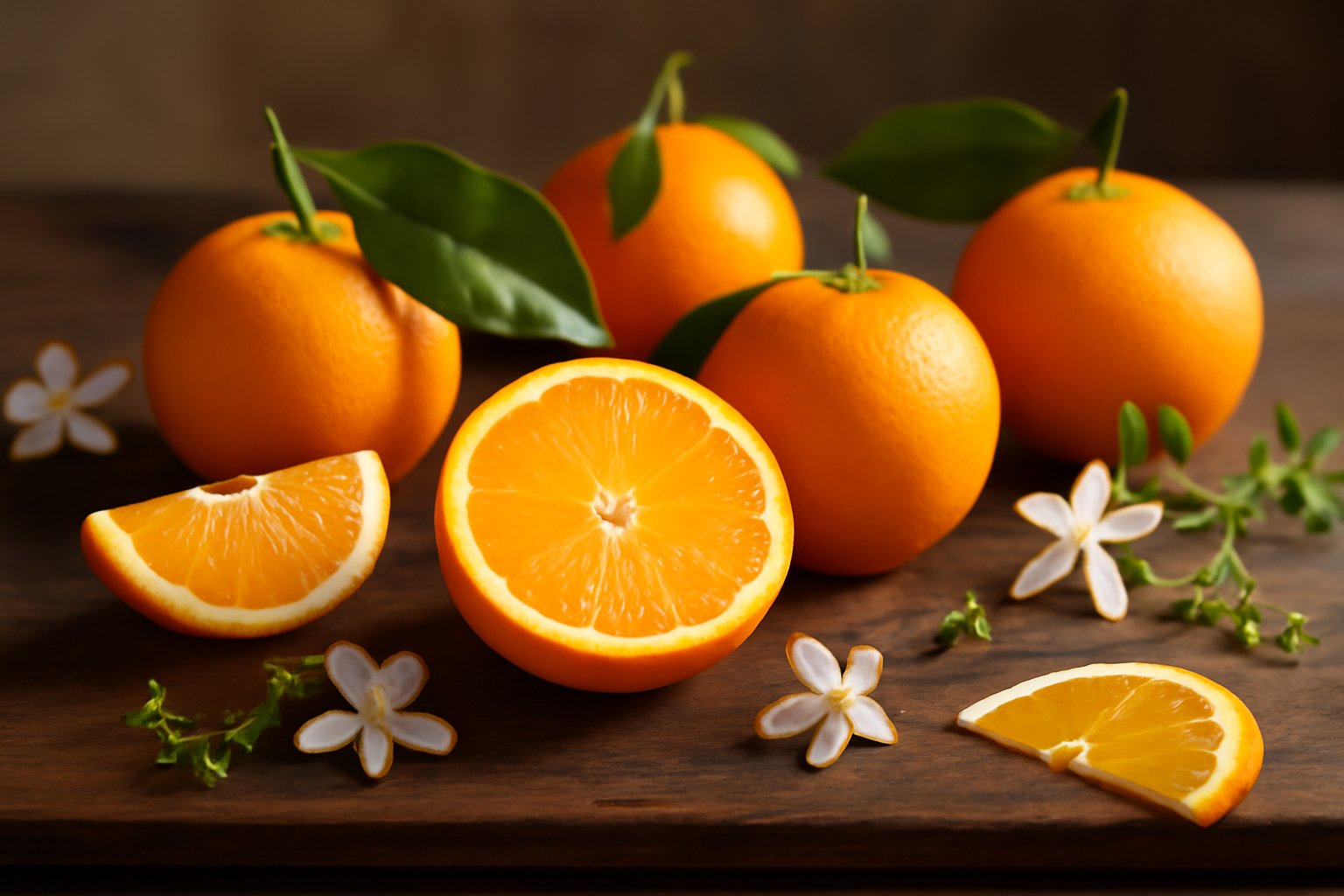 Arance fresche tagliate a metà e intere su una superficie di legno scuro, con foglie verdi e fiori d'arancio sullo sfondo. Luce naturale soft, composizione editoriale, stile rivista gourmet.